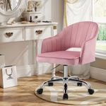 MOJAY Modern Vanity Chair with Wheels, Mid-Back Cutout Velvet Home Office Chair, Swivel Height-Adjustable Soft Seat Cute Desk Chair with Arm Support (Rose Pink)
