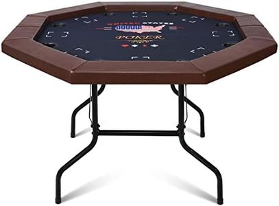 RayChee Poker Table Foldable, 8 Player Octagonal Folding Portable Texas Holdem Table with Water-Resistant Cushioned Rail, 8 Stainless Steel Cup Holders, Casino-Grade Felt Surface (48inch, Brown)