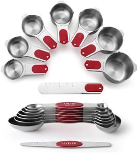 Spring Chef Magnetic Measuring Cups & Spoons Set (Patent Pending), Strong N45 Magnets, Heavy Duty Stainless Steel Fits in Spice Jars for Baking & Cooking, BPA Free, Round Set of 15 with Leveler, Red