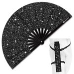 Raveahem Glitter Large Rave Folding Clack Hand Fan with holster for men/women Handheld Fan for EDM,Festival,Club,Party,Dance, Blk