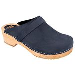 Vollsjo Women's Genuine Leather Wooden Clogs Made in EU, Suede - Dark Blue,9