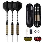 sanfeng Professional 3 Pack 27 Grams Steel Tip Darts Set With Brass Barrel, Black Aluminum Shafts 9pcs Standard Flights + 50pcs Rubber O-Rings + 12pcs Spring Rings + 1pcs Dart Sharpener Tool