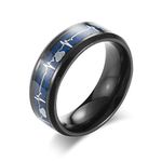 Bishilin Ring for Men, Black Blue Wedding Band for Men Stainless Steel Heartbeat with Carbon 8MM Wide Size T 1/2