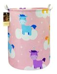 HUNRUNG Laundry Hamper,Large Canvas Fabric Lightweight Storage Basket Toy Organizer Dirty Clothes Collapsible Waterproof for College Dorms, Children Bedroom,Bathroom(Round-Pink Unicorn)
