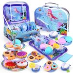 Auney 36 PCS Tea Set Toys for Girls,Tin Toys Tea Party Pretend Play for Little Girls, Kids Real Littles for Tea Time with Tea Filter Bags and Lemon Slices,13 PCS Dessert Toys for Kids (Mermaid)