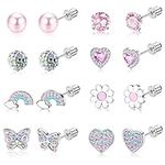 Chriscoco 8 Pairs Hypoallergenic Earrings for Women Girls Stainless Steel Earrings For Sensitive Ears Multicolored CZ Rainbow Butterfly Flower Heart Screw Back Stud Earrings Set For Girls Kids