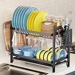 Dish Drying Rack with Drain Board Set,GAOKASE 2 Tier Dish Drainer Rack for Kitchen Countertop,Black Dish Drainer with Drainboard and Utensil Holder