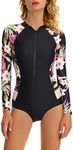 KEOYA Womens Zip Front Printed Colorblock Long Sleeve One Piece Swimsuit Swimwear UV Protection Sunsuit Training Racing Surfing Water Suit Athletic Rashguard Bodysuit