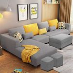 Braxton Mylta LHS 8 Seater L Shape Sofa Set with Ottoman & 2 Puffy for Living Room (Brown Fabric) (8S - LHS, Grey)