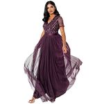 Maya Deluxe Women's Maxi Dress Ladies Bridesmaid V-Neck Ball Gown Short Sleeves Long Elegant Empire Waist Wedding, Berry, 22