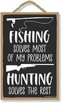 Honey Dew Gifts, Fishing Solves Most of My Problems, Hunting Solves the Rest, Wood Fishing Signs, Hunting Wooden Signs Wall Decor for Man Cave, 7 Inches by 10.5 Inches