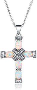 Barzel 18K White Gold Plated Created Fire Opal Cross Necklace (White Gold)