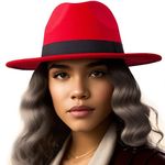 LADYBRO Fedora Hats for Women 100% Wool Changeable Band Belt Buckle Felt Wide Brim Straw Panama Hat, P03 Red, 6 7/8-7 1/4