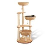 54" Modern Cat Tree Tower for Indoor Cats, Solid Oak Cat Scratching Tree for Multiple Large Cats, Manual Hand Woven Luxury Cat Condo, Unique High-end Design Cat Furniture Activity Centre, Easy Clean