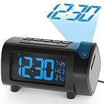 LIORQUE Projection Alarm Clock for Bedroom, Radio Alarm Clock with Projection on Ceiling Wall, Digital Clock Projector with 2-Color Display, 4-Level Dimmer, Temperature Monitor, 12/24H