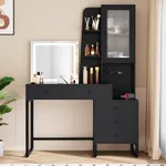 YITAHOME Vanity Desk with Mirror and Lights, Makeup Vanity with 5 Drawers, Shelves, Cabinet, Power Outlet, Dressing Table Set with Stool, 3-Color Adjustable Lighting, Bedroom, Ink Black