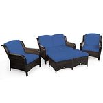 COSTWAY 5 Pieces Patio Rattan Furniture Set, Wicker Garden Sofa Set with 1 Loveseat, 2 Sofas and 2 Ottomans, All-Weather Outdoor Sectional Conversation Set for Balcony Yard Lawn Poolside (Navy Blue)