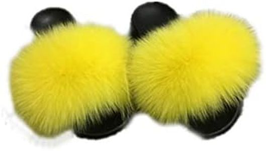 LVCOMEFF Women Real Fox Fur Sandals Slides Neon Yellow Color Slippers Summer Fluffy (6.5,yellow)