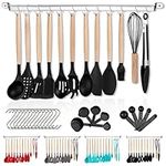 Berglander Silicone Kitchen Utensils Set 38 Pieces, Non-Stick Cooking Utensils Set, Wood Handle Kitchen Cookware Tools with Muti-Use Hooks and Utensil Racks (Black)