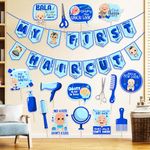 Zyozique My First Hair Cut/Mundan Ceremony Decorations For Baby Boys - My First Hair Cut Paper Banner & Photo Booth Props - Blue (Pack Of 17)