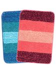 SARAL HOME EASY LIVING Microfiber Striped Anti-Skid Set Of 2 Bathmats (Turquoise & Pink, 35X50 Cm, Rectangular)