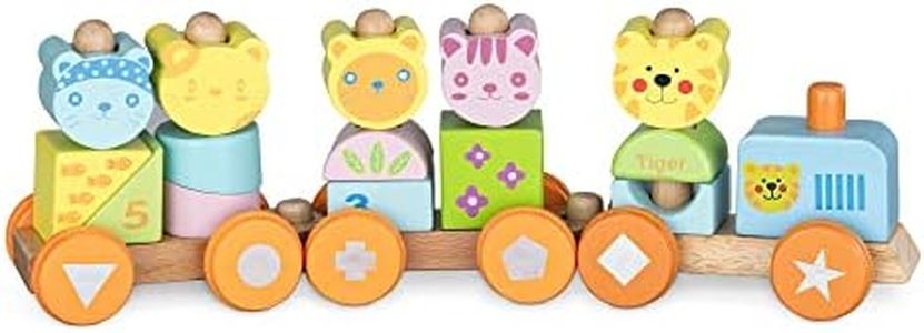 Navaris Trenino in Legno Trainabile - Locomotiva e Vagoni a Ruote Trainabili - Treno Giocattolo - Decorazione Cameretta Bambini +3 Anni - Multicolore