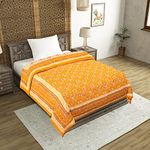 BLOCKS OF INDIA Cotton Single Size Quilt Hand Block Print For Light Winters (60 X 90 Inches) (Yellow Reversible, 300 Tc)