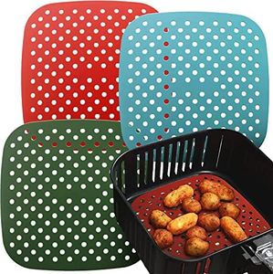 Reusable Silicone Air Fryer Liners 7.5 Inches by Linda’s Essentials (3 Pack, Square) - Non Stick Easy Clean Air Fryer Liners Reusable Mats Air Fryer Accessories Includes Cheat Sheet And Recipe Book
