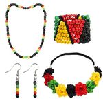 JNAWA 4 Pieces Women's African Jewelry Flower Crown Jamaica Necklace Multicolor Rasta Beaded Bracelet Earring for Women Girl