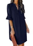 JOCAFIYE Womens Dresses Short Sleeve V Neck Ruffle T Shirt Dresses Solid Color Shift Dresses for Women 2024 Dark Blue L