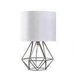 Modern Brushed Chrome Metal Basket Cage Bed Side Table Lamp with a White Fabric Shade