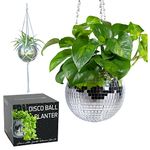 SCANDINORDICA Disco Ball Planter – Disco Ball Plant Hanger, Mirror Disco Planter with Chain, Macrame Hanger, Acrylic Stand and Insert Pot, Hanging Planter | Disco Ball Decor – 15 cm (6“) Silver