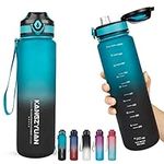 32 OZ Water Bottle, 1 Litre Large Capacity Sport Motivational Water Bottles BPA Free, Tritan Material, Flip Lid, Leakproof Security Lock for Fitness Gym Camping Cycling Traveling Office School (Cyan-blue/Black Gradient)