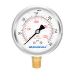 MEASUREMAN 2-1/2" Dial Size, Glycerin Filled Pressure Gauge, 0-300psi/kpa, 304 Stainless Steel Case, 1/4" NPT Lower Mount