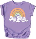 Retro Rainbow Big Sister Sibling Reveal Announcement Shirt for Baby and Toddler Girls Sibling Outfits, White on Purple, 4 Years