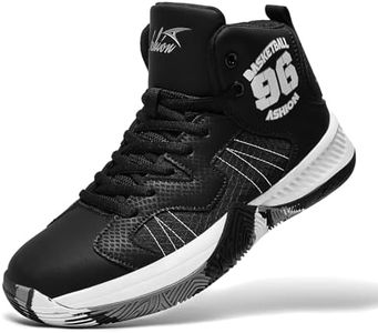 ASHION Kids Basketball Shoes Boys Gilrs Sneakers Mid-Top Lace Up Cushion Anti Slip Athletic Outdoor Sport Shoes for Unisex-Child Black Silver Size 3 Little Kid