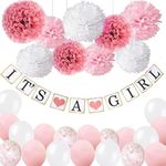 Baby Shower Decorations for Girls, Pink White Baby Girl Shower Decoration with It’s A Girl Banner Latex Balloons and Paper Pom Poms for Baby Shower Supplies