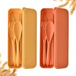 Cutlery Set for 2, Wheat Straw Utensil Set with Spoon Knife Fork and Chopsticks, Portable Travel Cutlery Set with Case for Adult Kids Camping Picnic Birthday Work (Orange + Yellow)