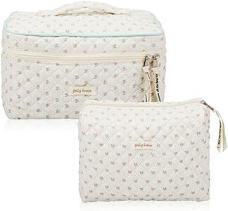 Zeyune 2 Pcs Cotton Quilted Makeup Bag Large Travel Coquette Makeup Bag Aesthetic Cute Cherry Floral Makeup Bag for Women Girls, Beige, Classic
