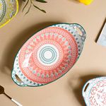 Nestasia Pink and Blue Mandala Ceramic Long Dish with Handles for Serving Snacks, Appetizers, Salads, and Noodles| Microwave Safe, Dishwasher Safe (10.8 Inch)