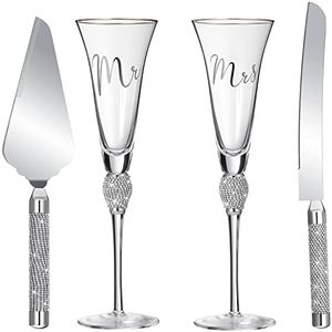 Boao 4 Piece Wedding Toasting Flutes and Cake Server Set Wedding Reception Supplies Champagne Glasses Cake Knife Pie Server (Silver)