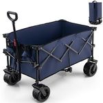 GiantexUK Foldable Wagon Cart, Garden Wagon with Adjustable Handle, Removable Cooler Bag, Wheels & Cup Holders, Collapsible Camping Shopping Beach Utility Trolley (98x60x92cm, without Bag, Blue)