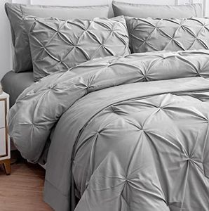 Queen Comforter Set - Bed in a Bag Queen 7 Pieces, Pintuck Beddding Sets Grey Bed Set with Comforters, Sheets, Pillowcases & Shams - Silver Grey