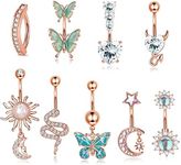 MILACOLATO Pack of 10 14G Belly Button Piercings Surgical Steel Long Pendant Dangly Cubic Zirconia Moonstone Snake Butterfly Belly Button Rings Piercing Jewellery Set Rose Gold