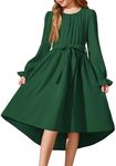 Arshiner Girl Long Sleeve Dress Fall Fashion Chiffon High Low Flowy Swing Formal Party Dresses with Belt Dark Green 7-8 Years