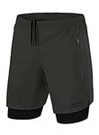 TCA Ultra 2 in 1 Compression Shorts Men Running Gym Shorts for Men with Zipped Pockets - Darkest Spruce (2X Zip Pockets), S