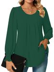 Bestbee Womens Long Sleeve Tunic Tops Dressy Chiffon Blouses Crew-Neck Smocked Cuffs Sleeve Shirts Casual T-Shirts Ladies Pleated Tops, Dark Green, L