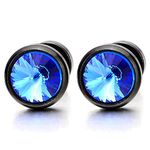 Mens Womens Black Stud Earrings with 6mm Blue Cubic Zirconia, Steel Cheater Fake Gauges Plug, 2pcs(CA)