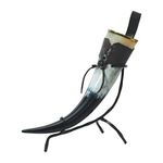 Viking Vibes by Loop ® Viking Drinking Horn Beer Mug with Stand - Genuine Handcrafted Vikings Horn for Beer - Original Horn Mug with Stand & Leather Strap (Polished Finish | with Metal Stand, 750 ML | 25 OZ)