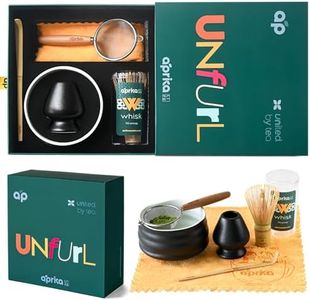 Aprika Life Matcha Whisk Set 6 Pcs - Ceramic Matcha Bowl, Bamboo Whisk, Matcha Whisk Holder, Scoop, Sifter & Tea Cloth - Traditional Handmade Matcha Set Perfect for Japanese Matcha Green Tea - Black